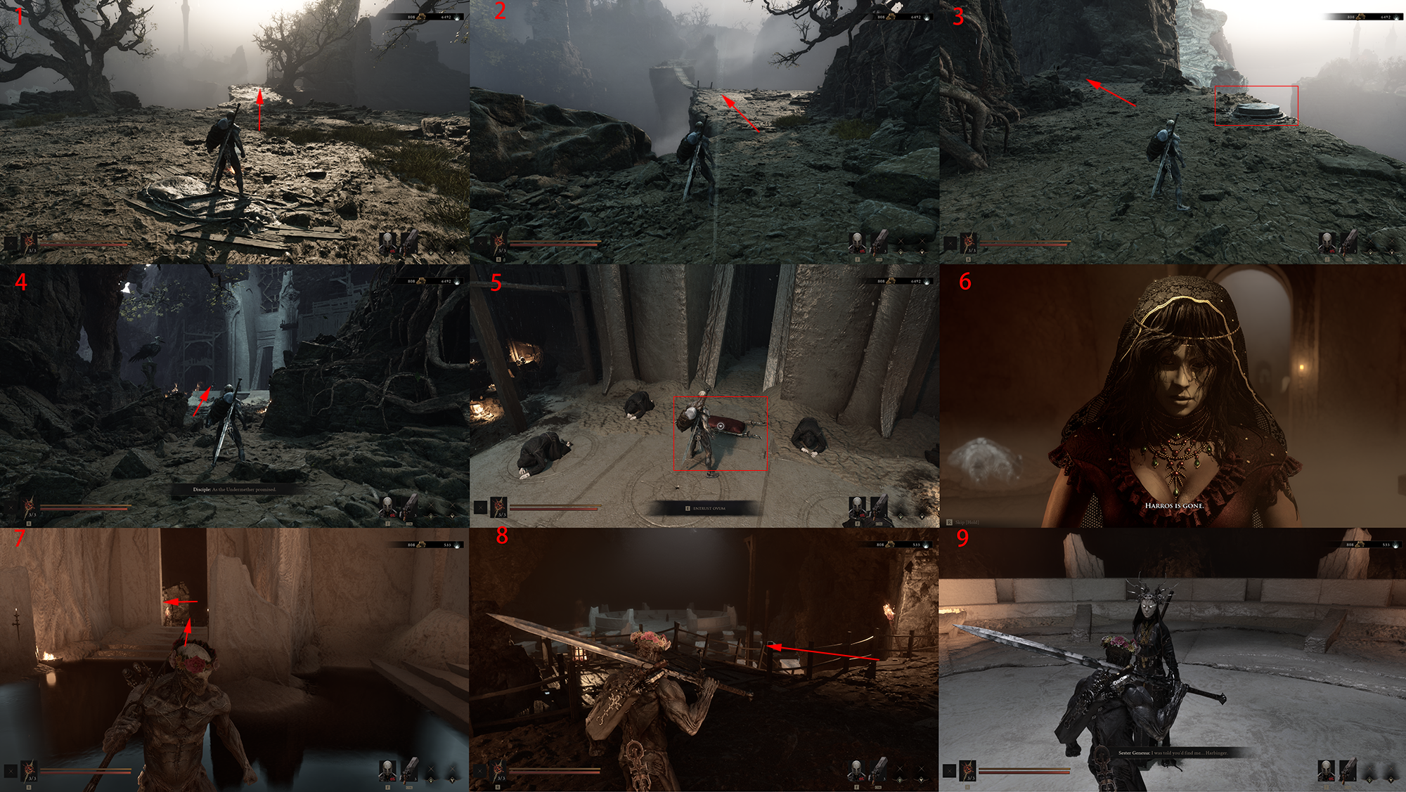 Annotated Marrow Keep route panels with red arrows and numbered steps