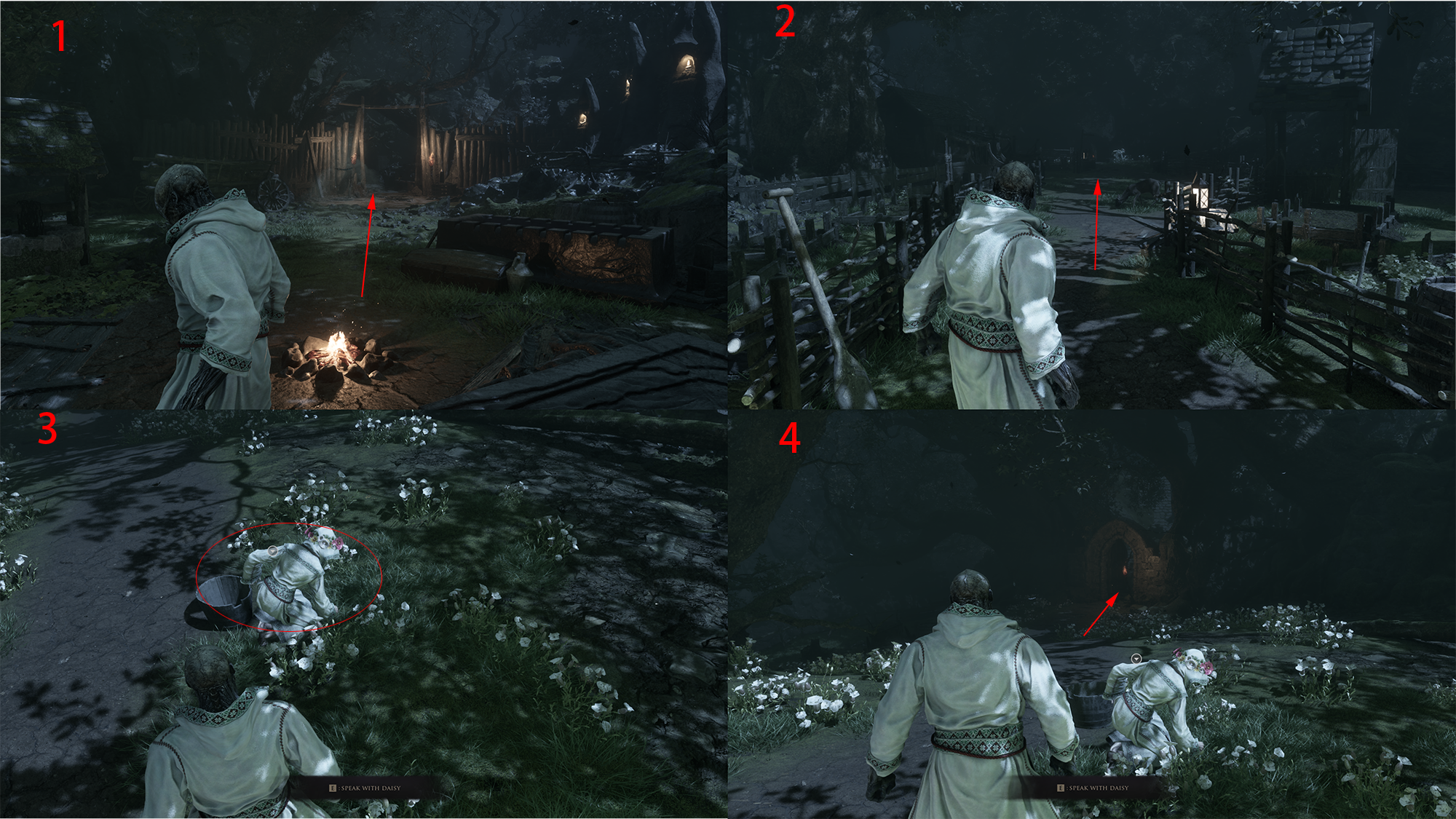 Annotated Prologue route panels, numbered one to four with red arrows