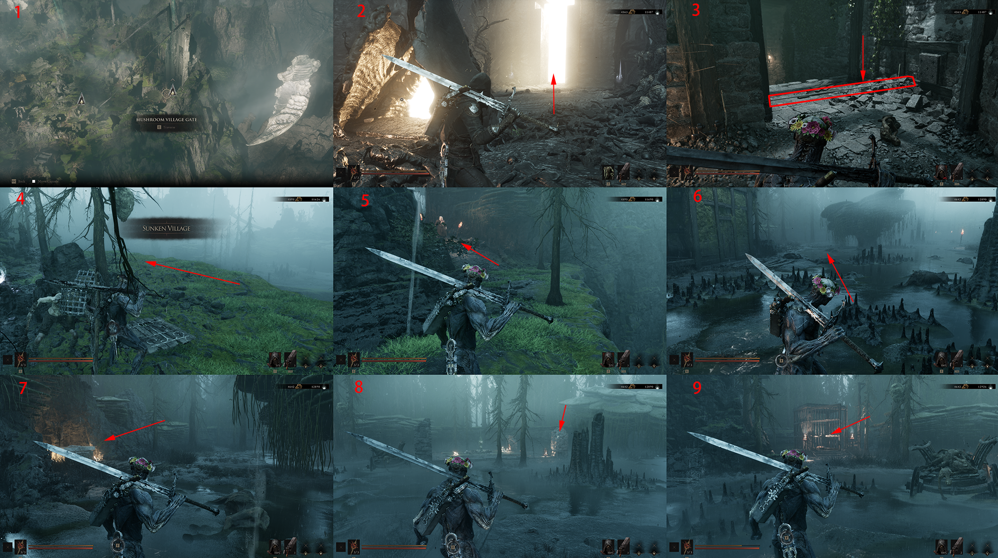 Annotated Sunken Village route panels from Mushroom Village Gate