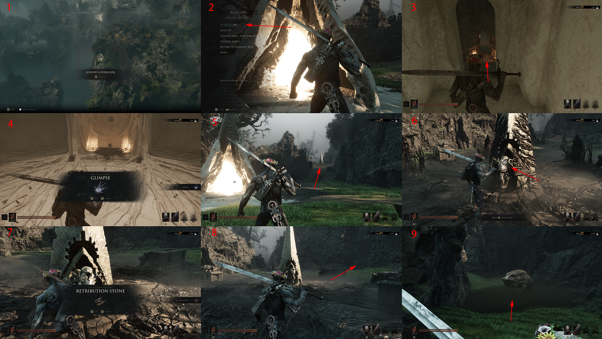 Annotated Widow's Overlook route panels with beacon, trial and red arrows